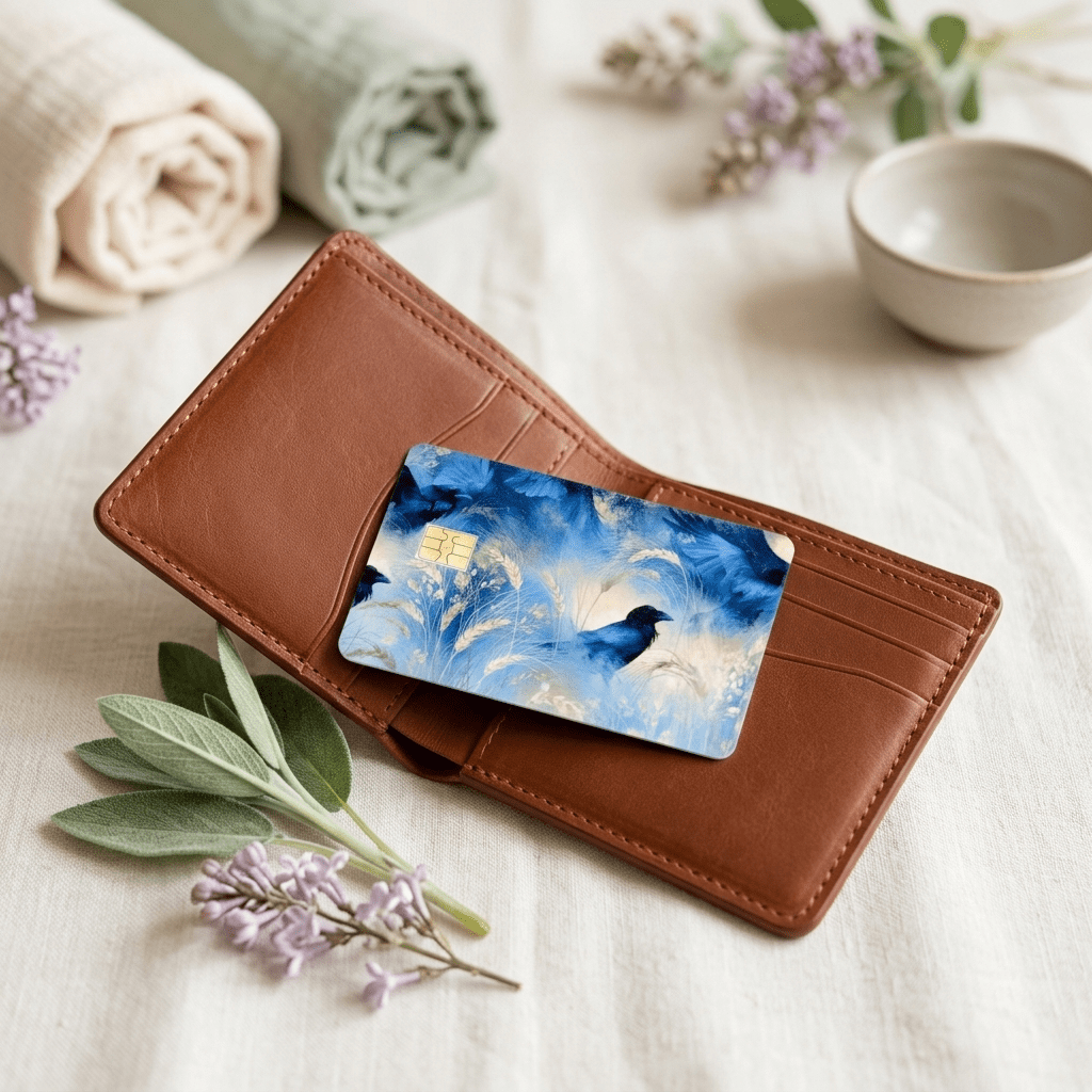 Gothic blackbird payment-card wrap resting atop a folded chestnut billfold, surrounded by rolled spa towels, a stoneware dish and soft lilac stems BY THE STICKER ERA