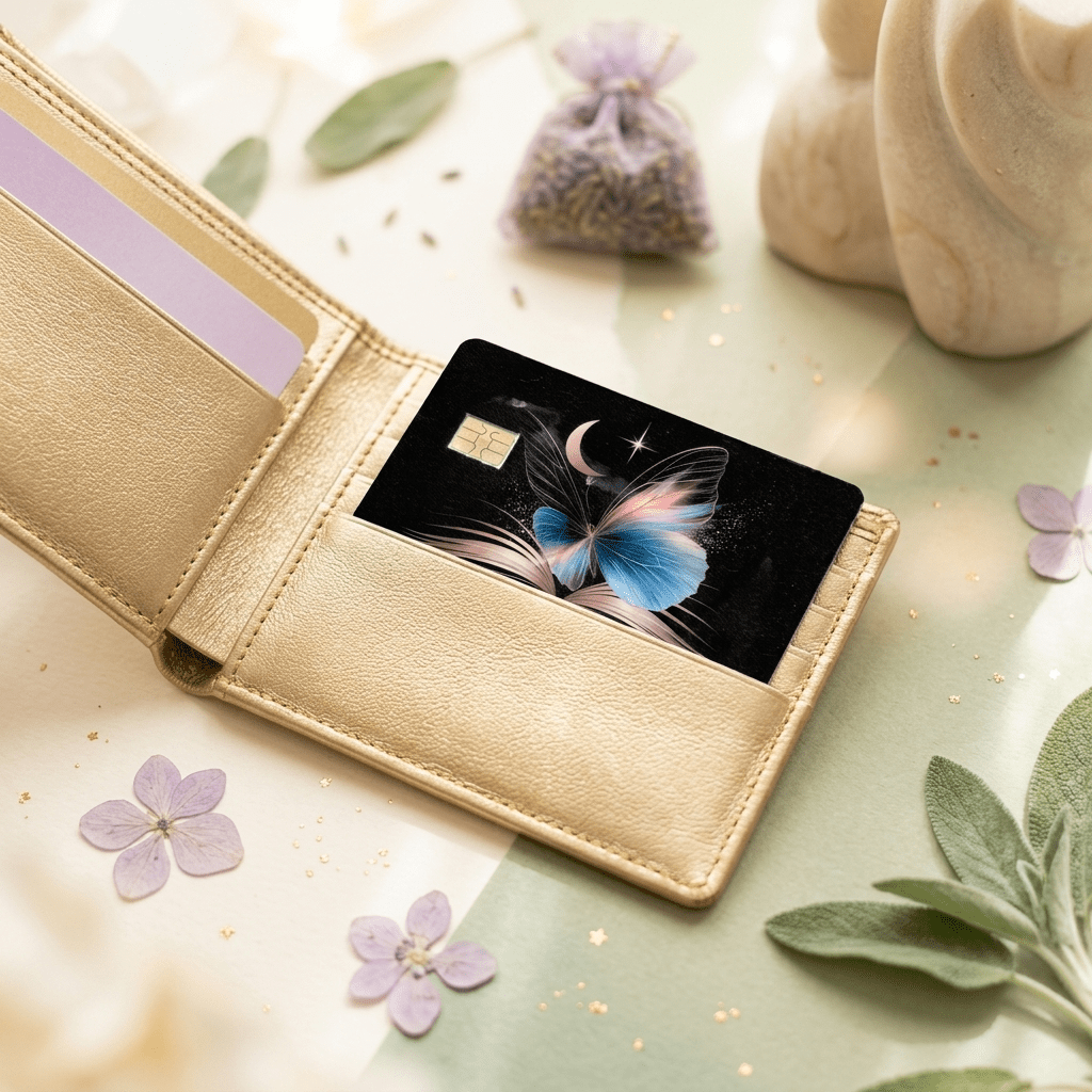 Decorative sticker slipped into open gold bifold wallet surrounded by dried lavender sachet, pressed petals BY THE STICKER ERA