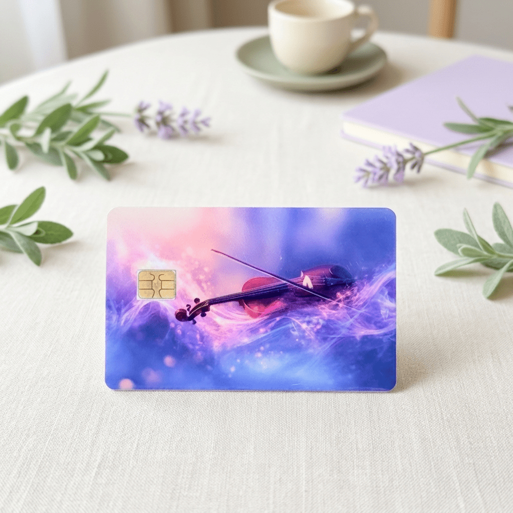 Close view of cosmic violin card skin on tablecloth with olive leaves, coffee cup and lavender BY THE STICKER ERA