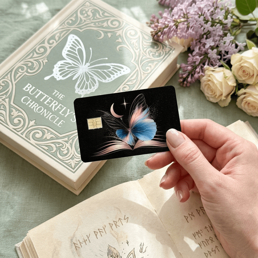 Fingers showcasing cosmic card artwork before an emerald butterfly-themed hardback, white roses, open runic diary BY THE STICKER ERA