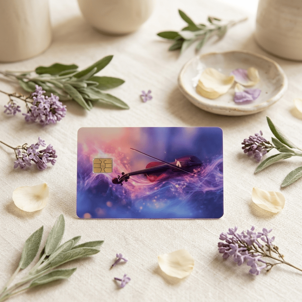 Galaxy violin card skin surrounded by lilac blooms, petals and ceramic dishes on fabric BY THE STICKER ERA