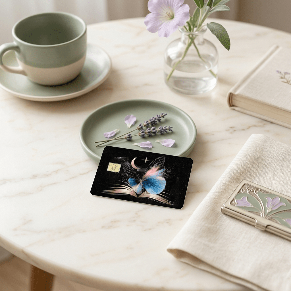 Enchanting black card decal with a Butterfly that is half blue, little pink that is floating on top of a open golden book. arranged on white marble tabletop with green teacup, saucer, dried lavender, art nouveau planner BY THE STICKER ERA