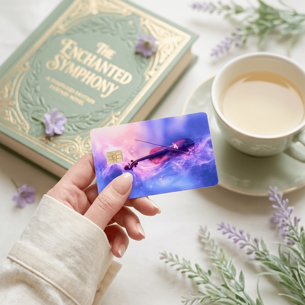 Hand presenting nebula violin card skin beside The Enchanted Symphony book and tea BY THE STICKER ERA