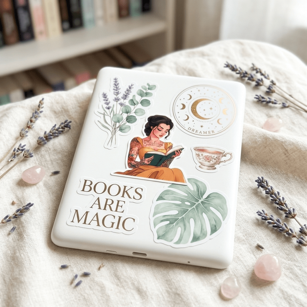 Tattooed princess reading sticker on a bookish kindle, reader gift idea by The Sticker era