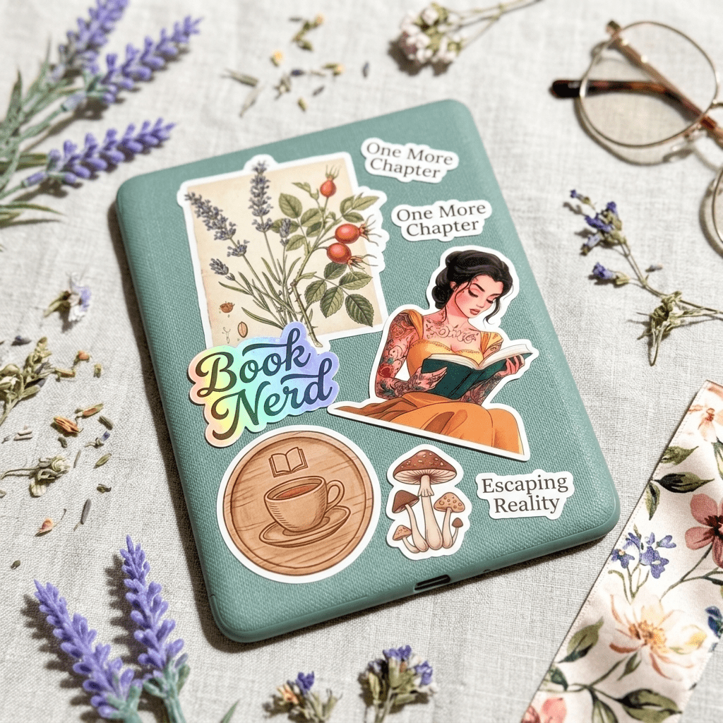 Tattooed princess reading sticker with a bookish sticker collection, booktok reader set by The Sticker Era