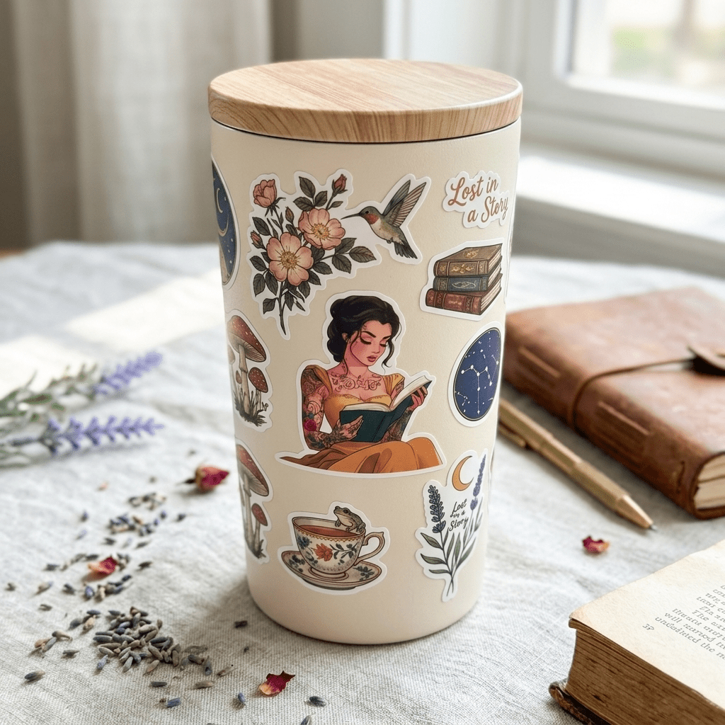 Tattooed princess reading sticker applied to a tumbler, waterproof bookish decal by The Sticker Era