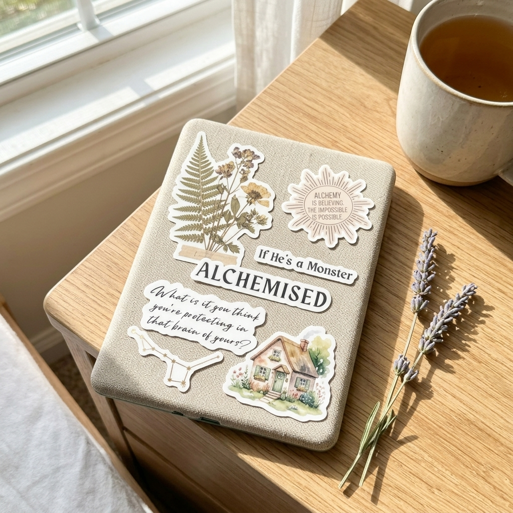Alchemised vinyl stickers applied to a Kindle and journal by The Sticker Era