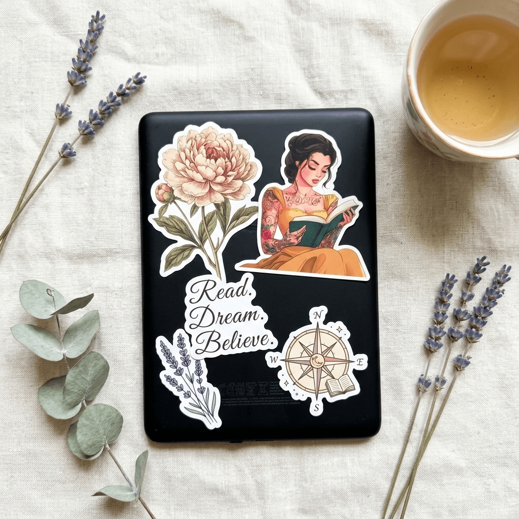 Tattooed princess reading sticker with floral decals on a dark journal by The Sticker Era