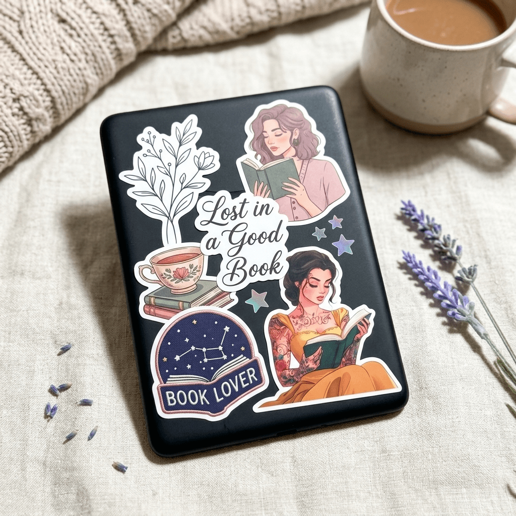 Tattooed princess reading sticker on a Kindle case with bookish stickers by The Sticker Era