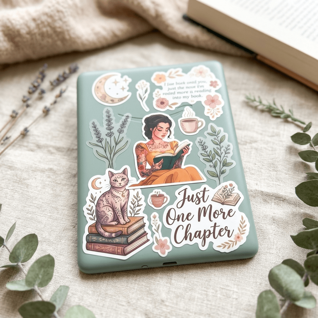 Tattooed princess reading sticker on a bookish journal with a cat design by The Sticker Era