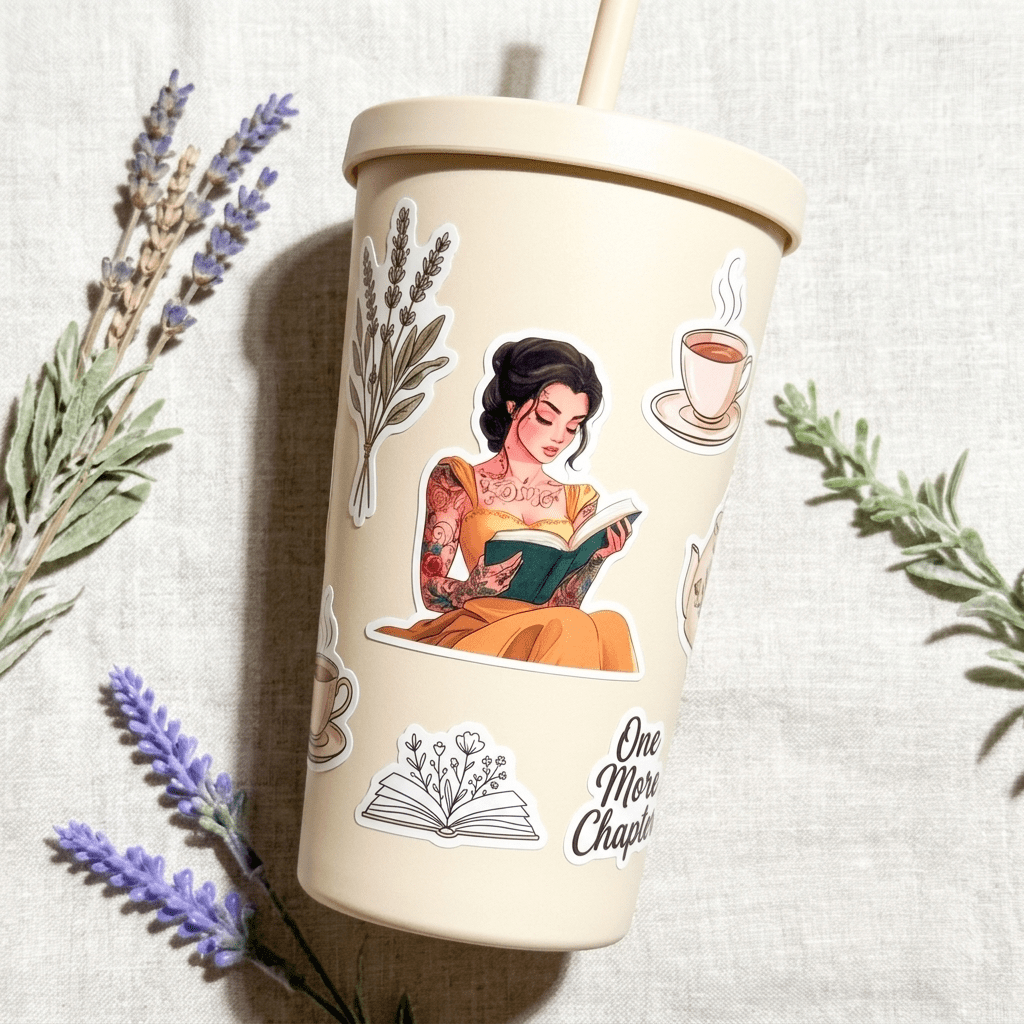 Tattooed princess reading sticker on a tumbler with lavender, waterproof reader decal by The Sticker Era