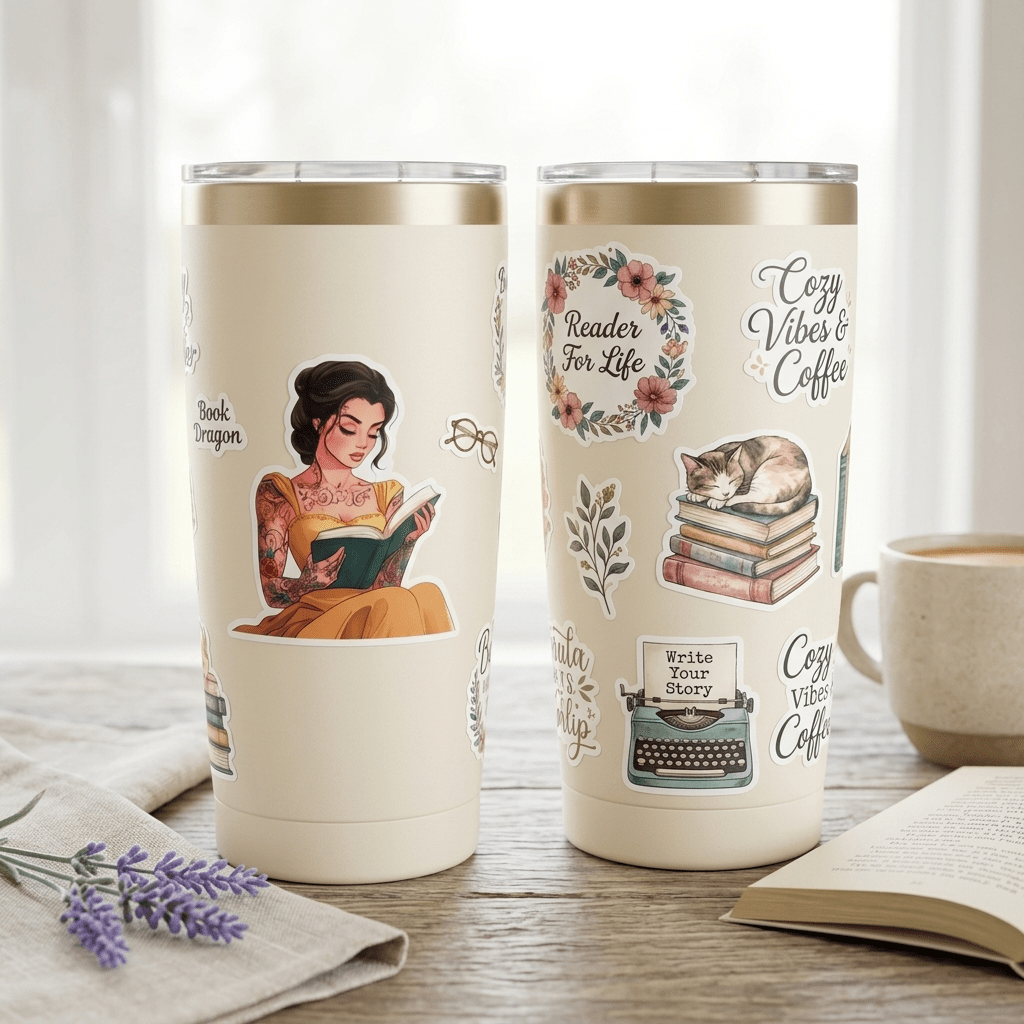 Tattooed princess reading stickers on tumblers, bookish vinyl decals by The Sticker Era