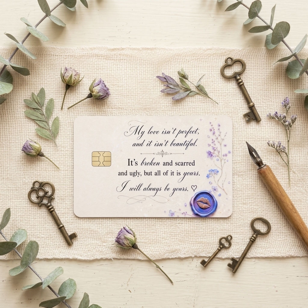 Wax seal debit card skin styled with eucalyptus and a vintage key on soft neutral fabric by The Sticker Era
