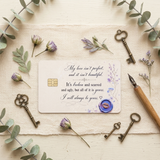Wax seal debit card skin styled with eucalyptus and a vintage key on soft neutral fabric by The Sticker Era