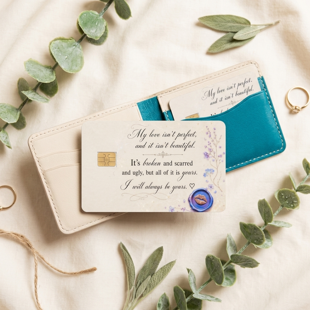 Love quote credit card sticker tucked beside a teal wallet with greenery by The Sticker Era