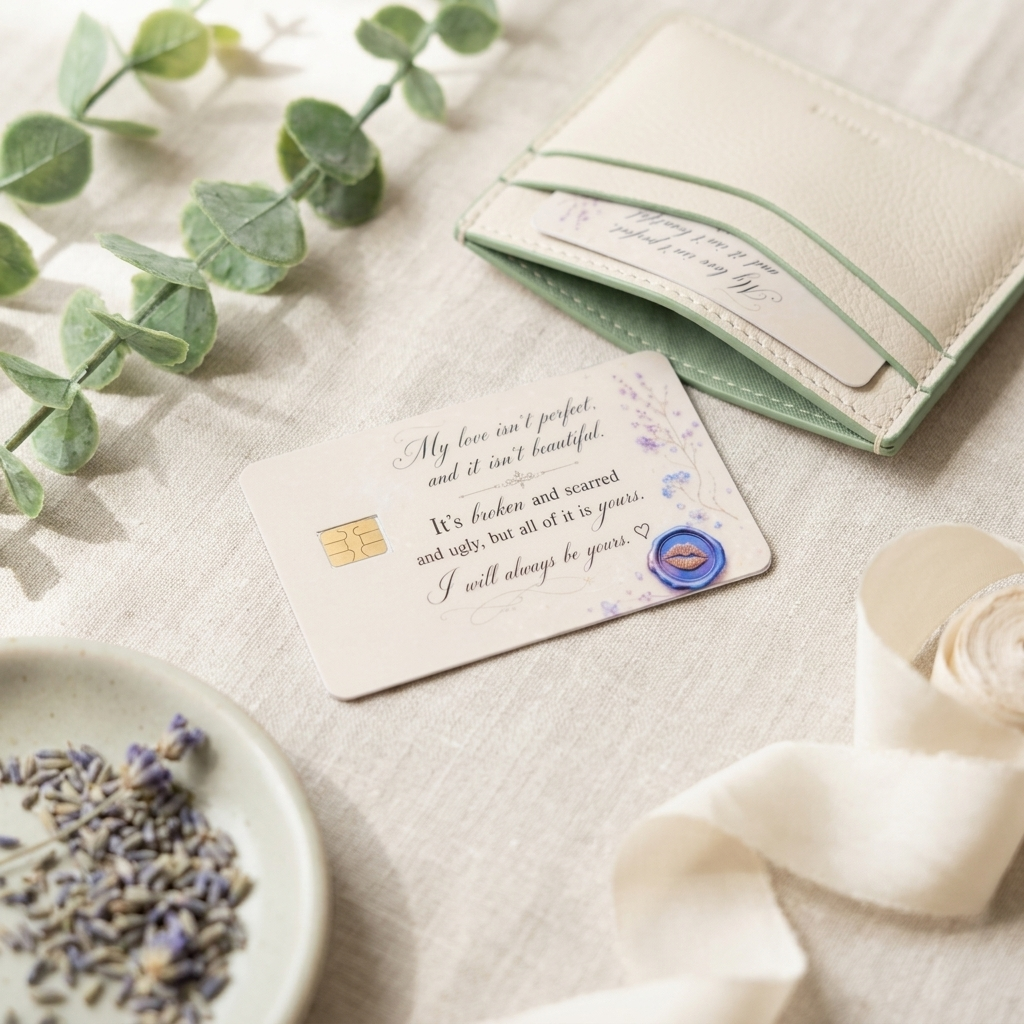 A cream-colored debit card skin cardholder with a matching card lies on a textured beige fabric next to a printed love card with a gold chip and a blue wax seal. The scene is styled with eucalyptus leaves, dried lavender in a dish, and a rolled cream ribbon. by the sticker era