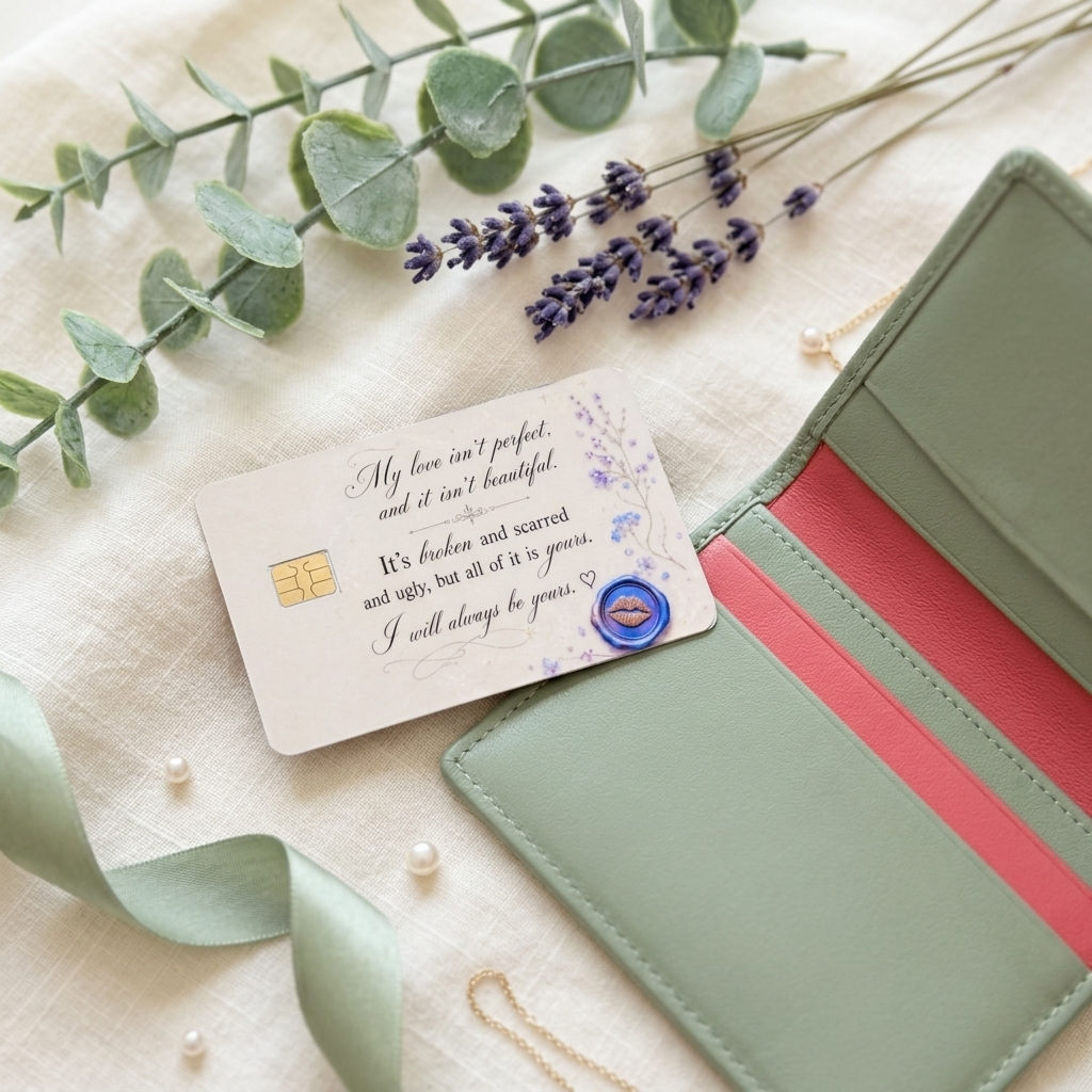 A mint green debit card sticker holder wallet with a pink interior and a small printed message card, styled on a cream fabric with eucalyptus leaves, lavender sprigs, pearls, and a ribbon. by the sticker era
