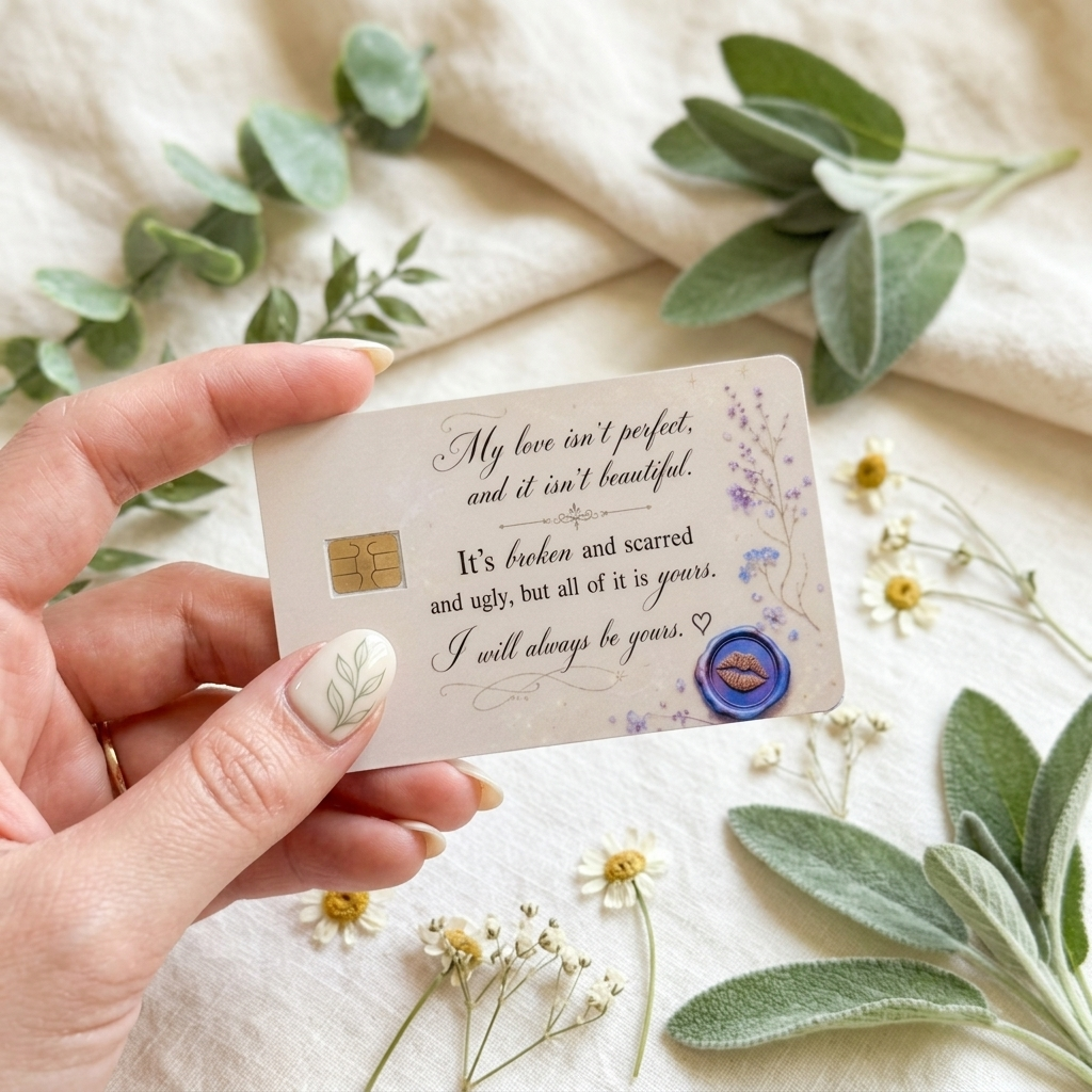 A hand holds a personalized card skin with chip decorated with elegant black script, purple floral illustrations, and a blue wax seal. The card is styled on a beige fabric background with green leaves and small white flowers. by the sticker era