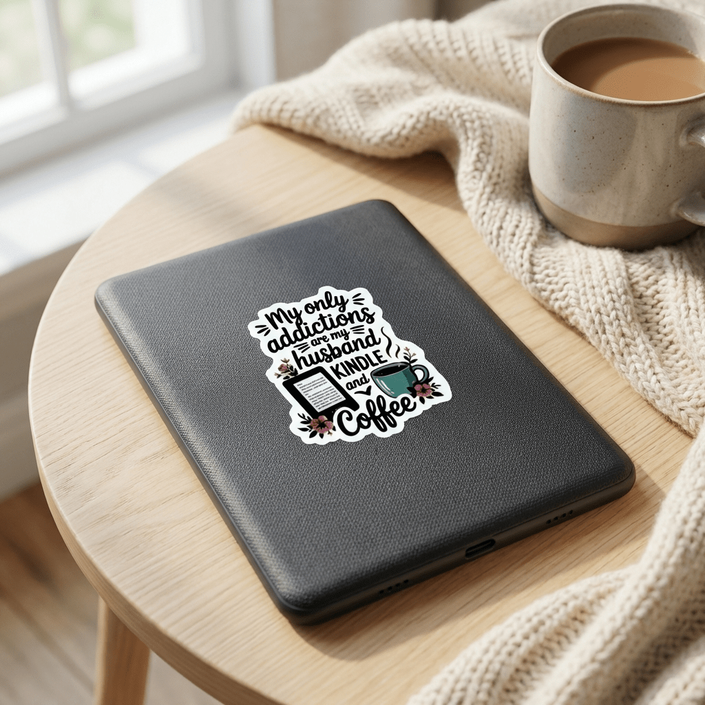 Husband, Kindle & Coffee Sticker | Bookish Reading Addict Humor Vinyl Decal by The Sticker Era