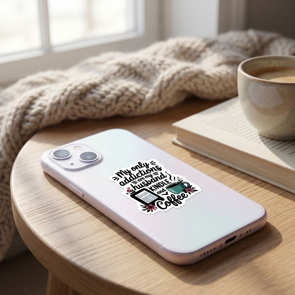 Husband, Kindle & Coffee Sticker | Bookish Reading Addict Humor Vinyl Decal