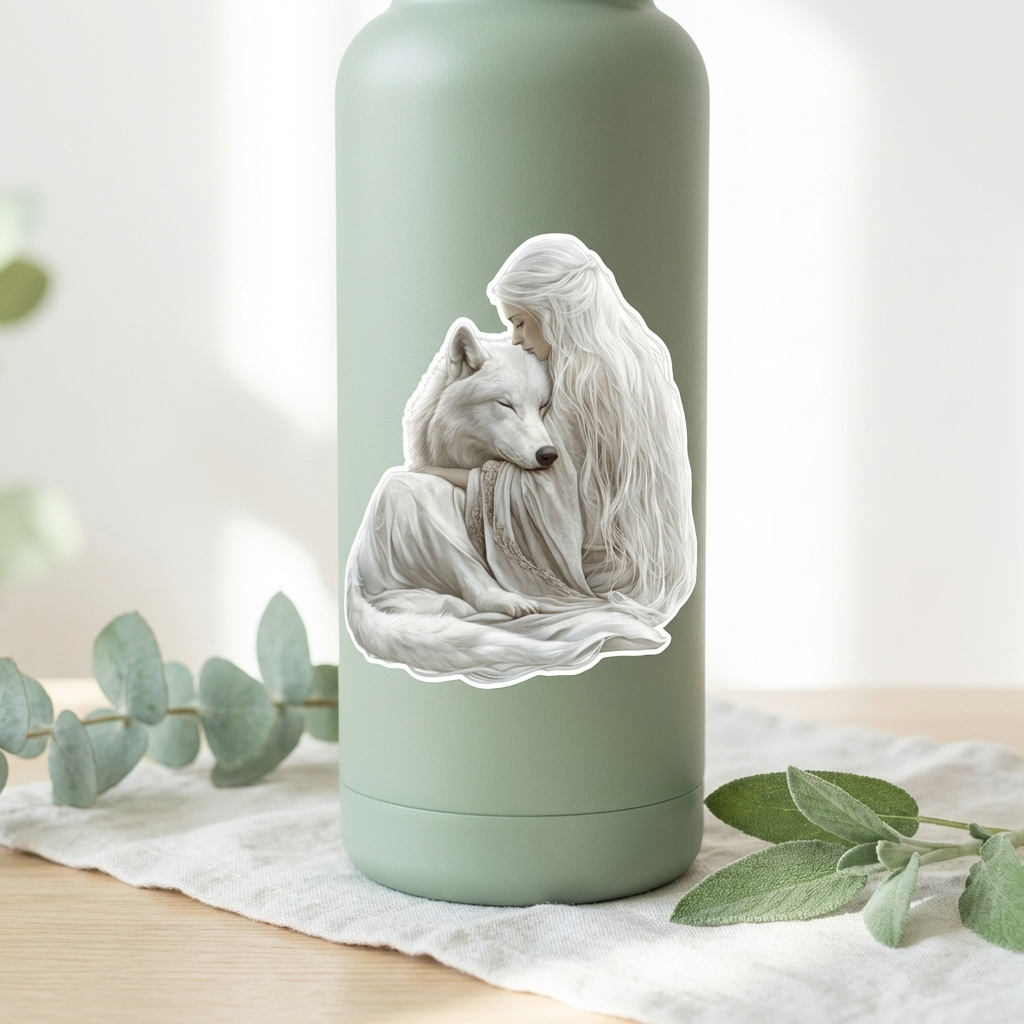 Girl and wolf fantasy vinyl decal in glass jar styled photo by The Sticker Era
