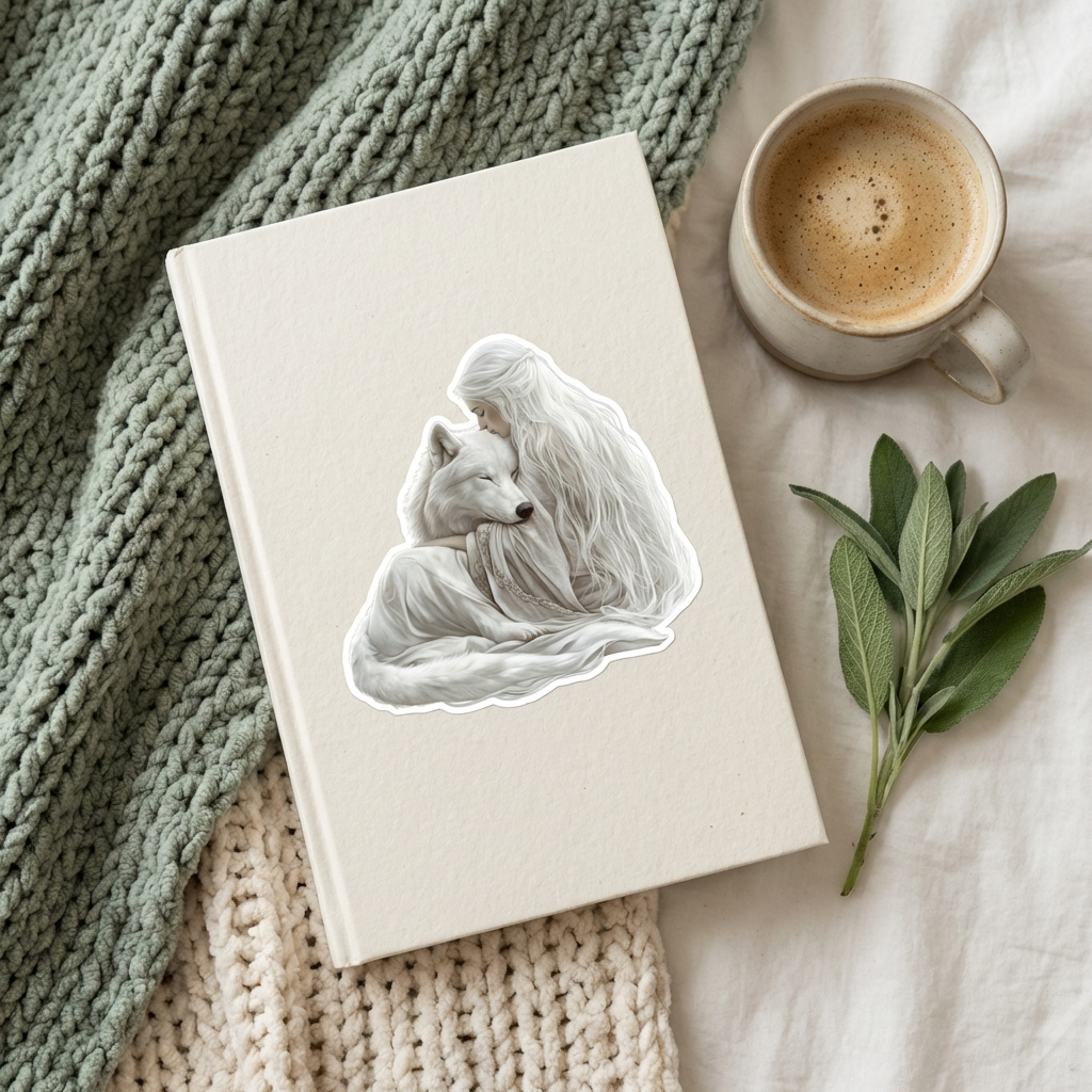 Wolf girl reading sticker styled with books and candles by The Sticker Era
