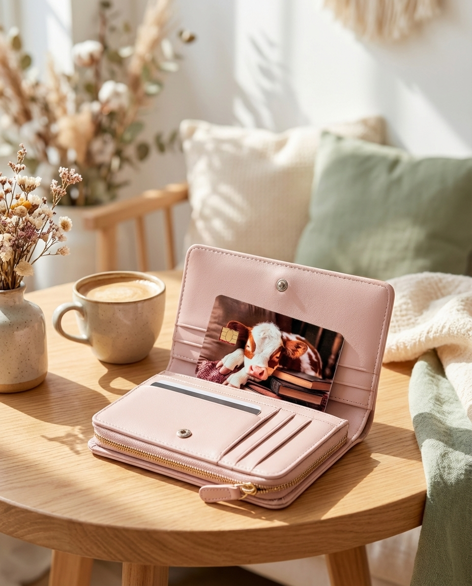 Pink wallet with a credit card with a cow sleeping on a stack of books card decal
 on a wooden table with a cup of coffee and decorative elements.