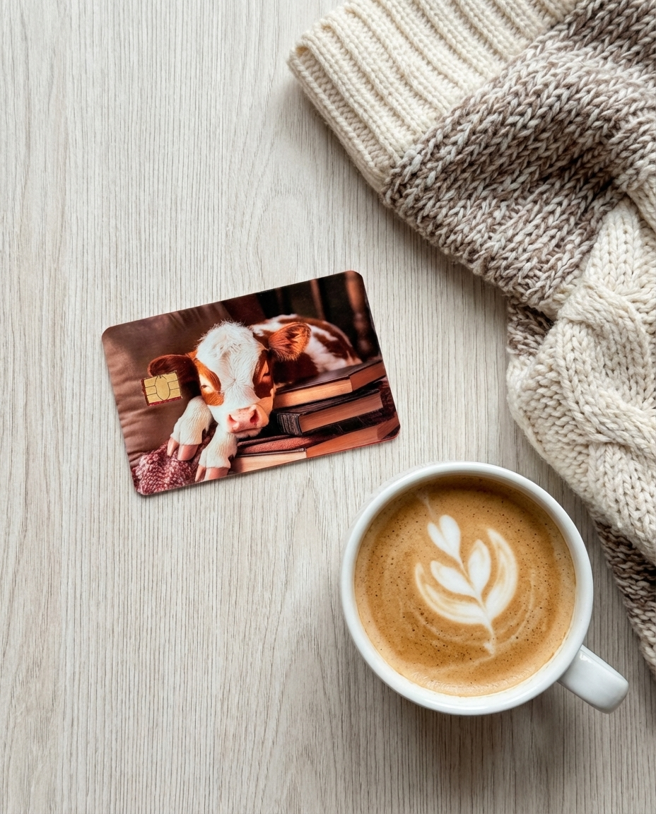 credit card decal of a sleeping baby cow on a stack of books next to a knittted blan
ket and hot coffee