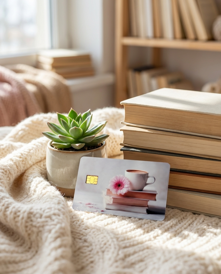 bookish debit card skin on  a blanket leaning against a stack of books with a plant
