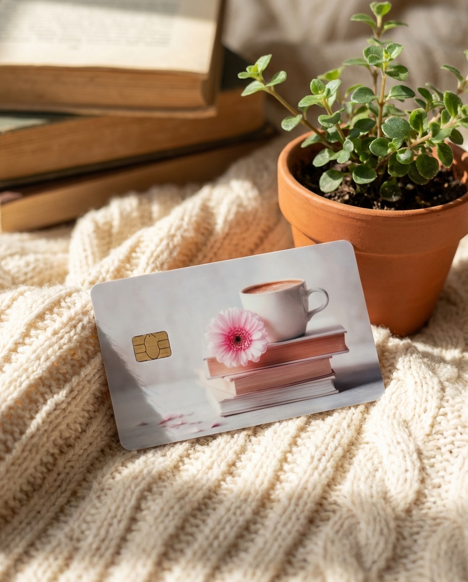 bookish debit card skin on vwith a coffee cup and flower design on a textured surface with books and a plant in the background.