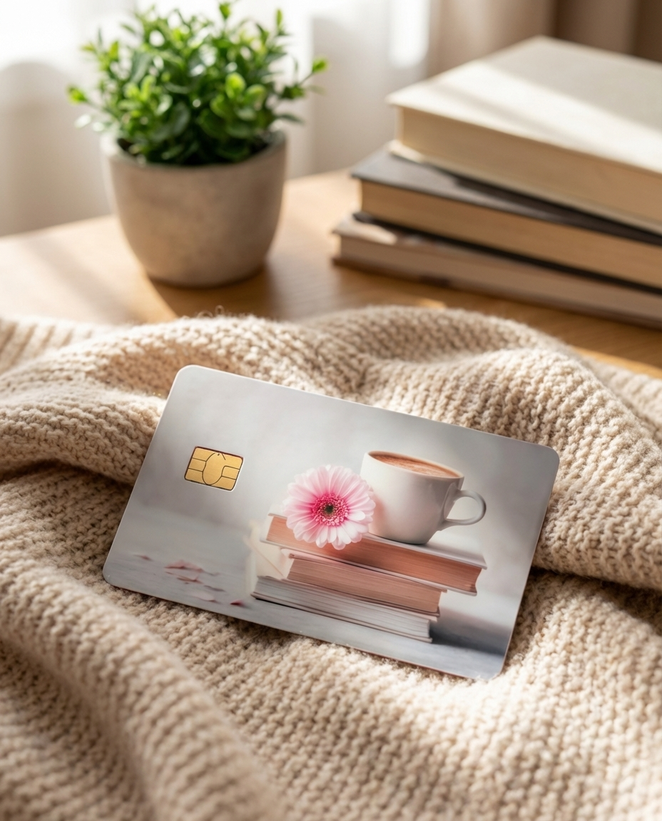 coffee debit card skin on vwith a coffee cup and flower design on a textured surface with books and a plant in the background.