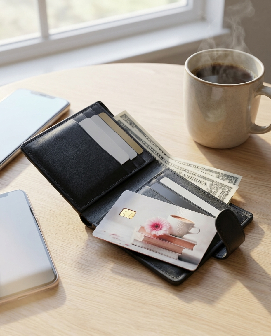 Black wallet with bookish debit card skin on vwith a coffee cup and flower design on a textured surface with coffee, a phone, and money

