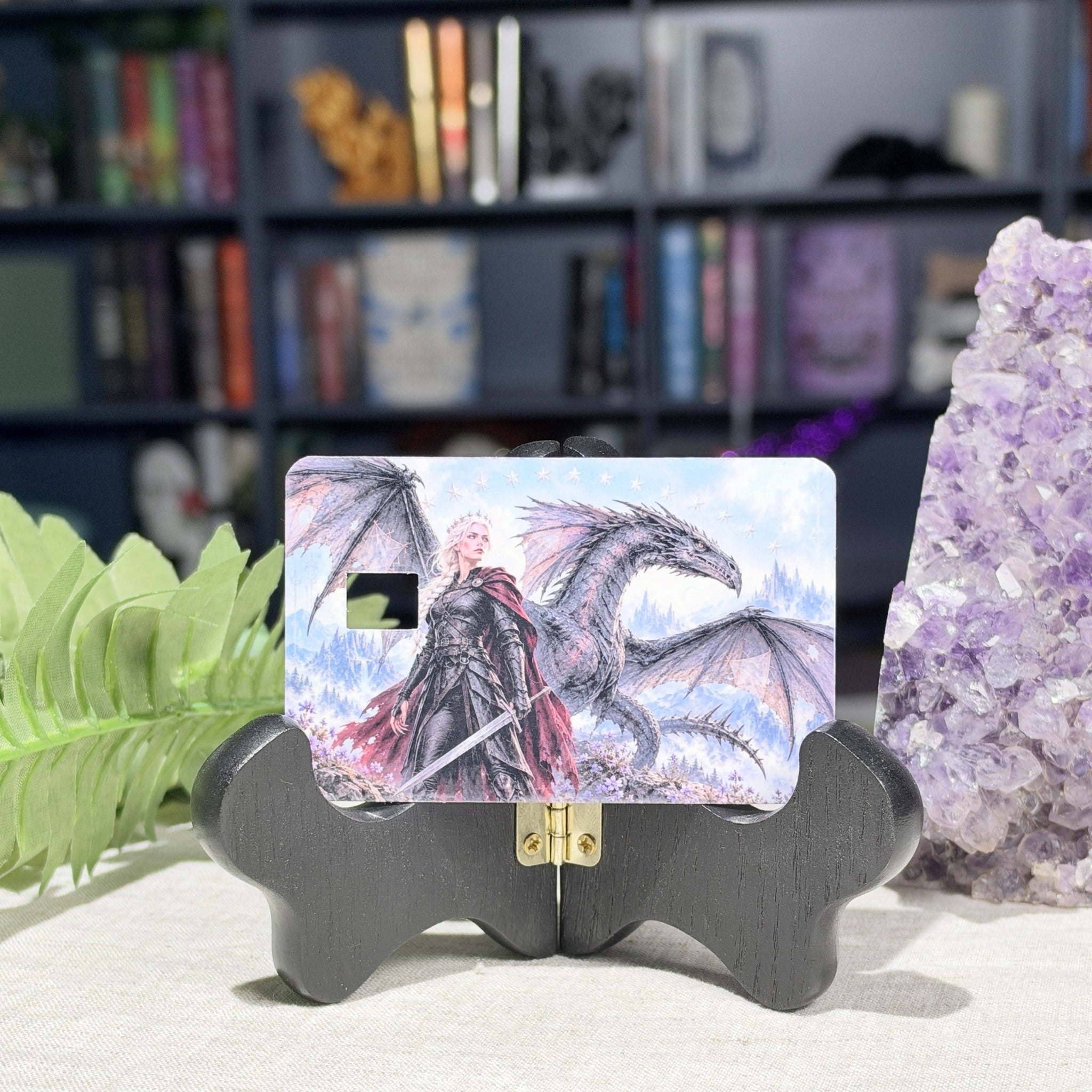 Dragon queen card skin showing the pre-cut chip window, warrior and silver dragon design, by The Sticker Era
