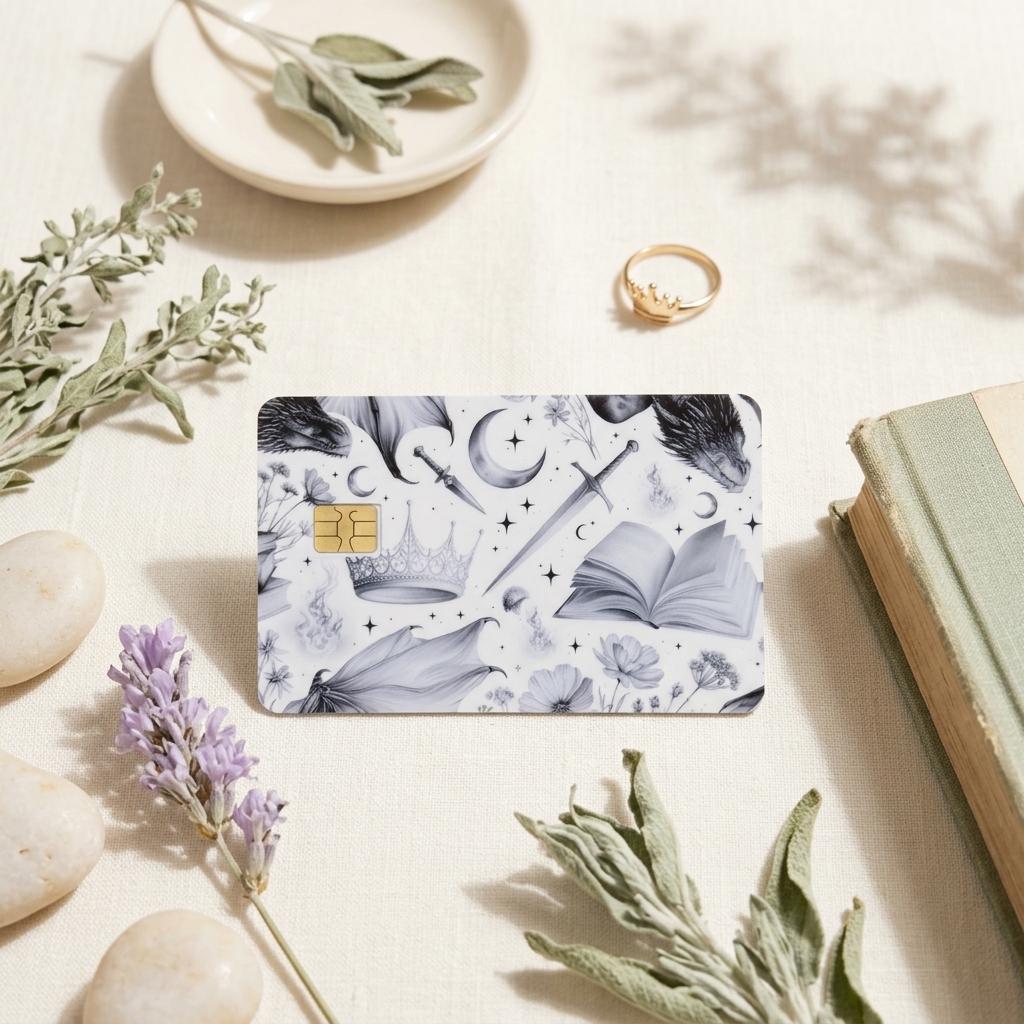 Black and white dragon and sword card skin on a debit card by The Sticker Era