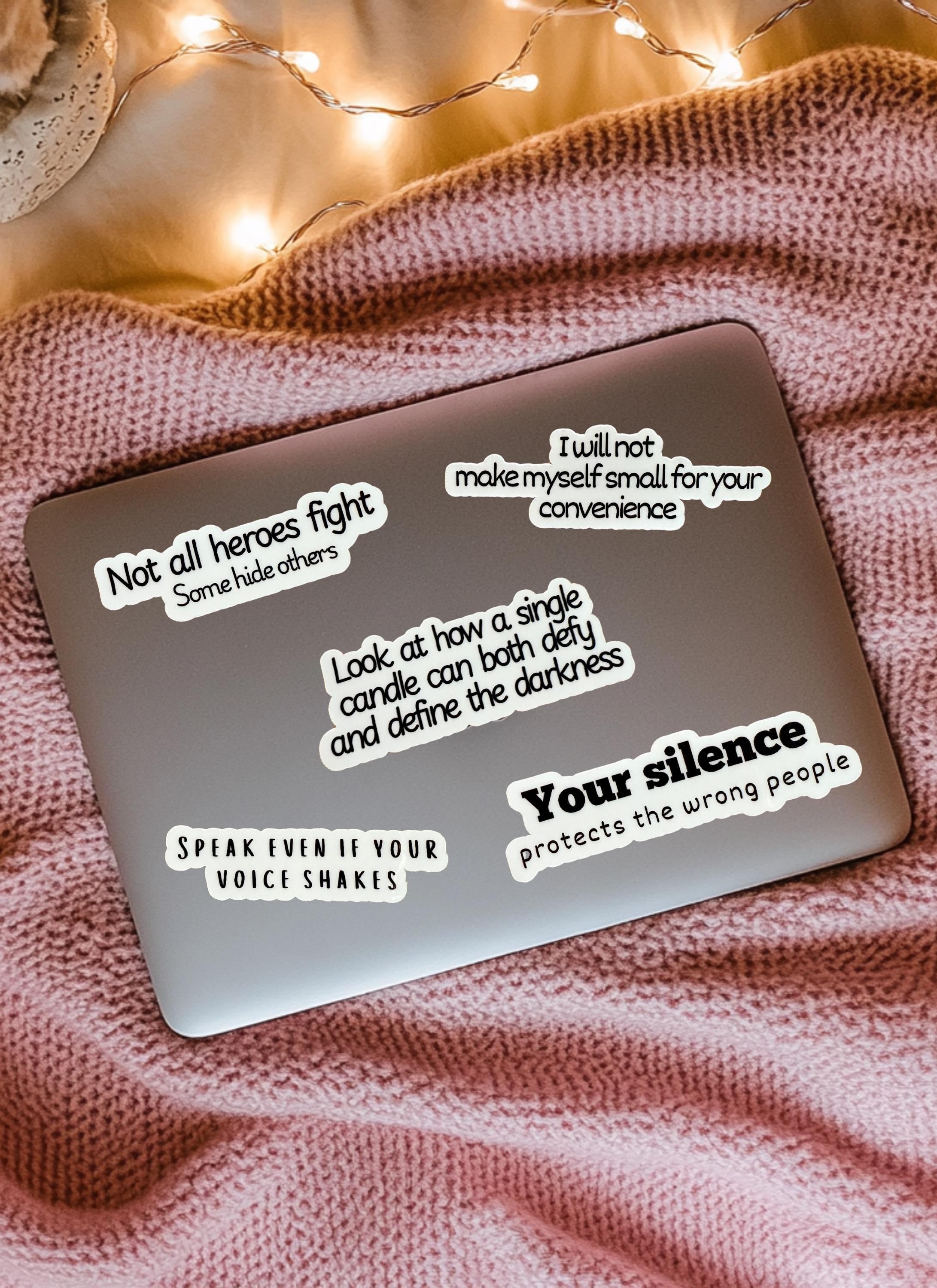 Empowerment sticker bundle on a water bottle and laptop by The Sticker Era