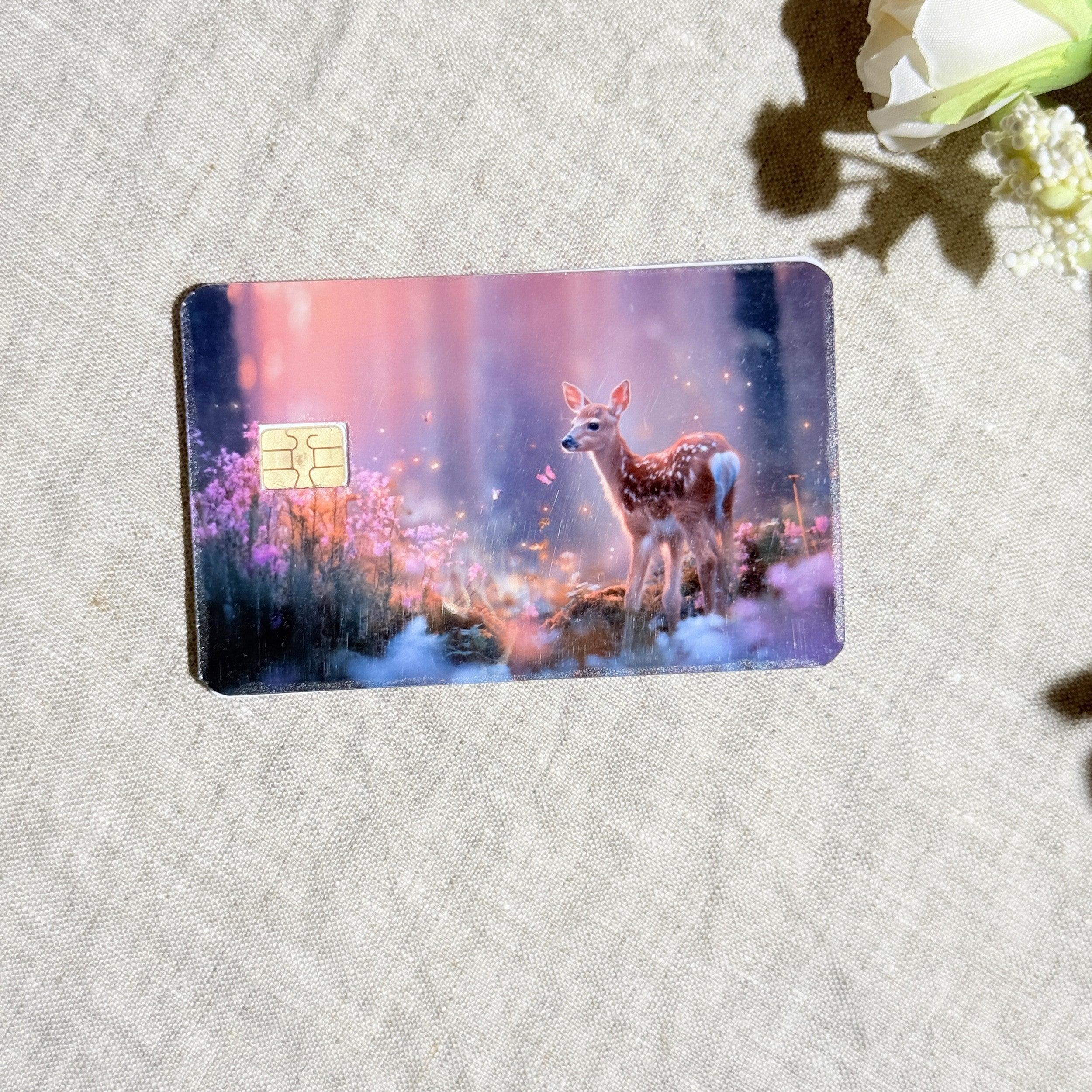 Baby deer forest card skin flat lay on cream linen by The Sticker Era