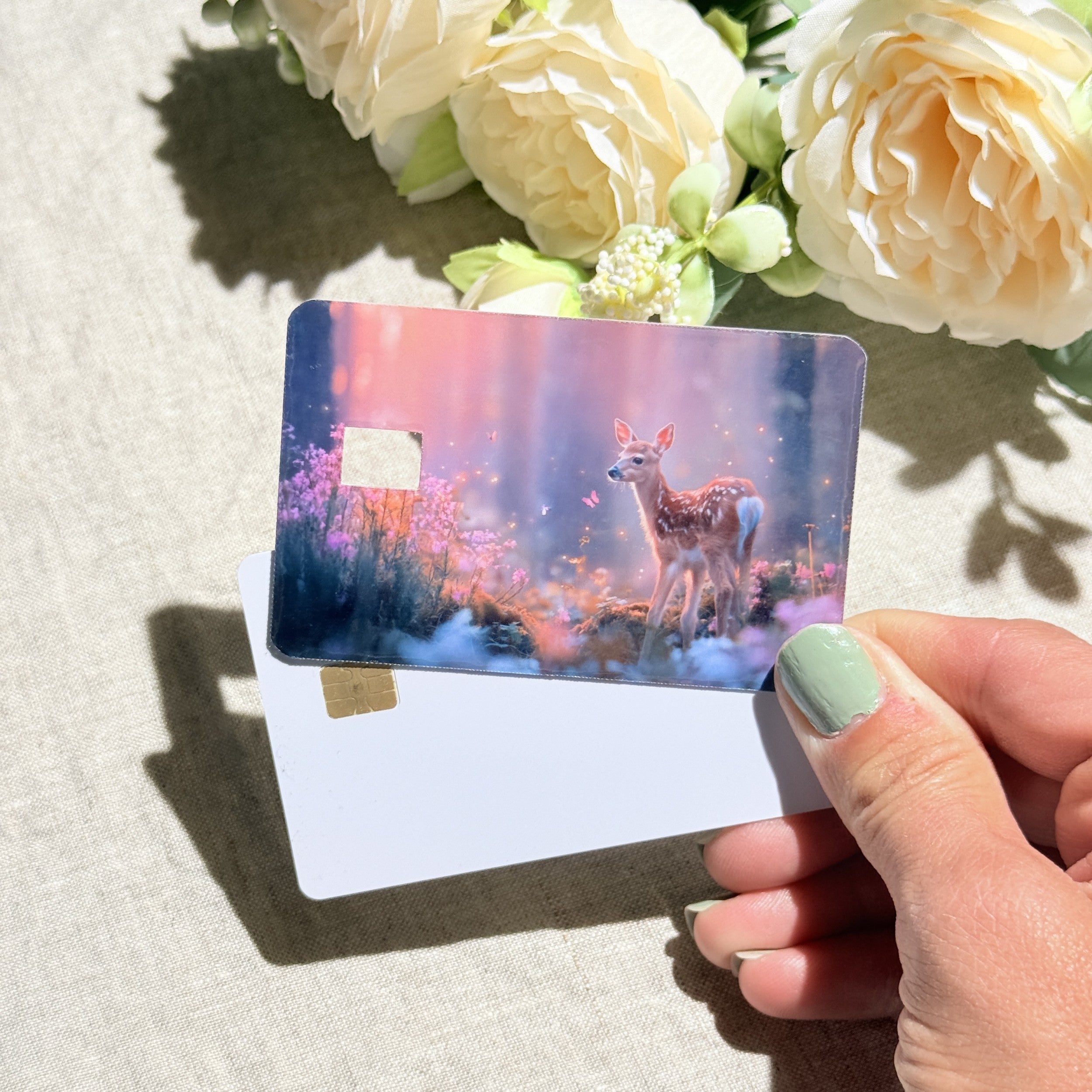 Fawn card skin held beside a blank card showing chip cutout by The Sticker Era