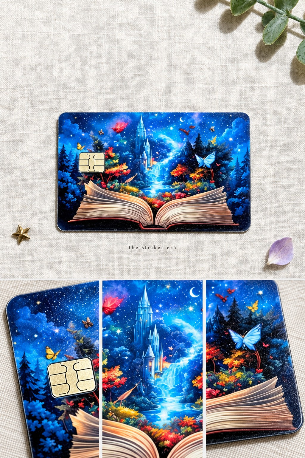 Enchanted storybook card skin on linen with two close-up details of the glowing castle and blue butterfly by The Sticker Era