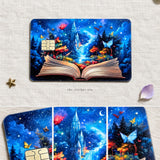 Enchanted storybook card skin on linen with two close-up details of the glowing castle and blue butterfly by The Sticker Era