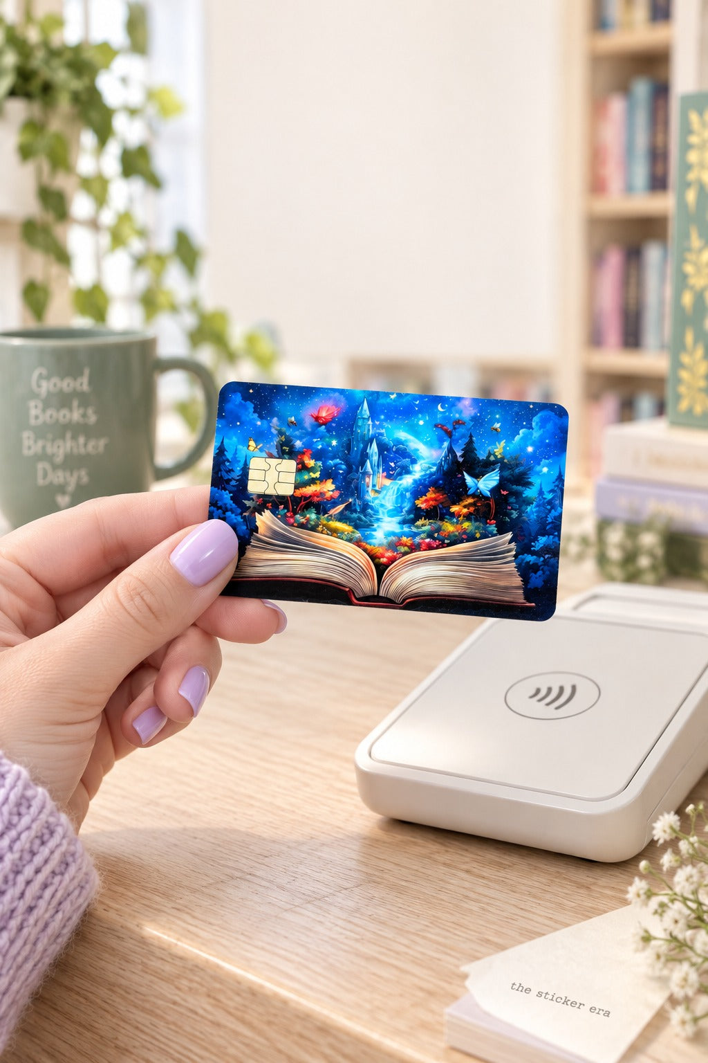 Hand holding the enchanted storybook card skin at a card reader beside a Good Books Brighter Days mug by The Sticker Era
