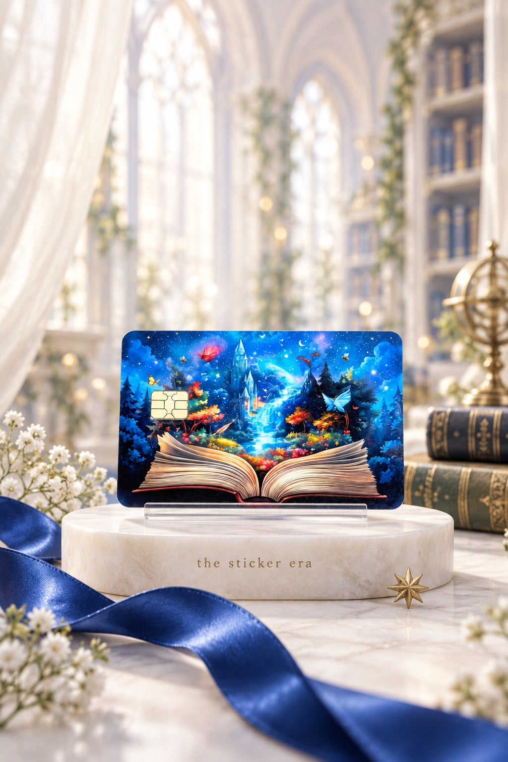 Enchanted storybook card skin on a marble stand in a sunlit library with a blue satin ribbon by The Sticker Era