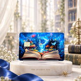 Enchanted storybook card skin on a marble stand in a sunlit library with a blue satin ribbon by The Sticker Era
