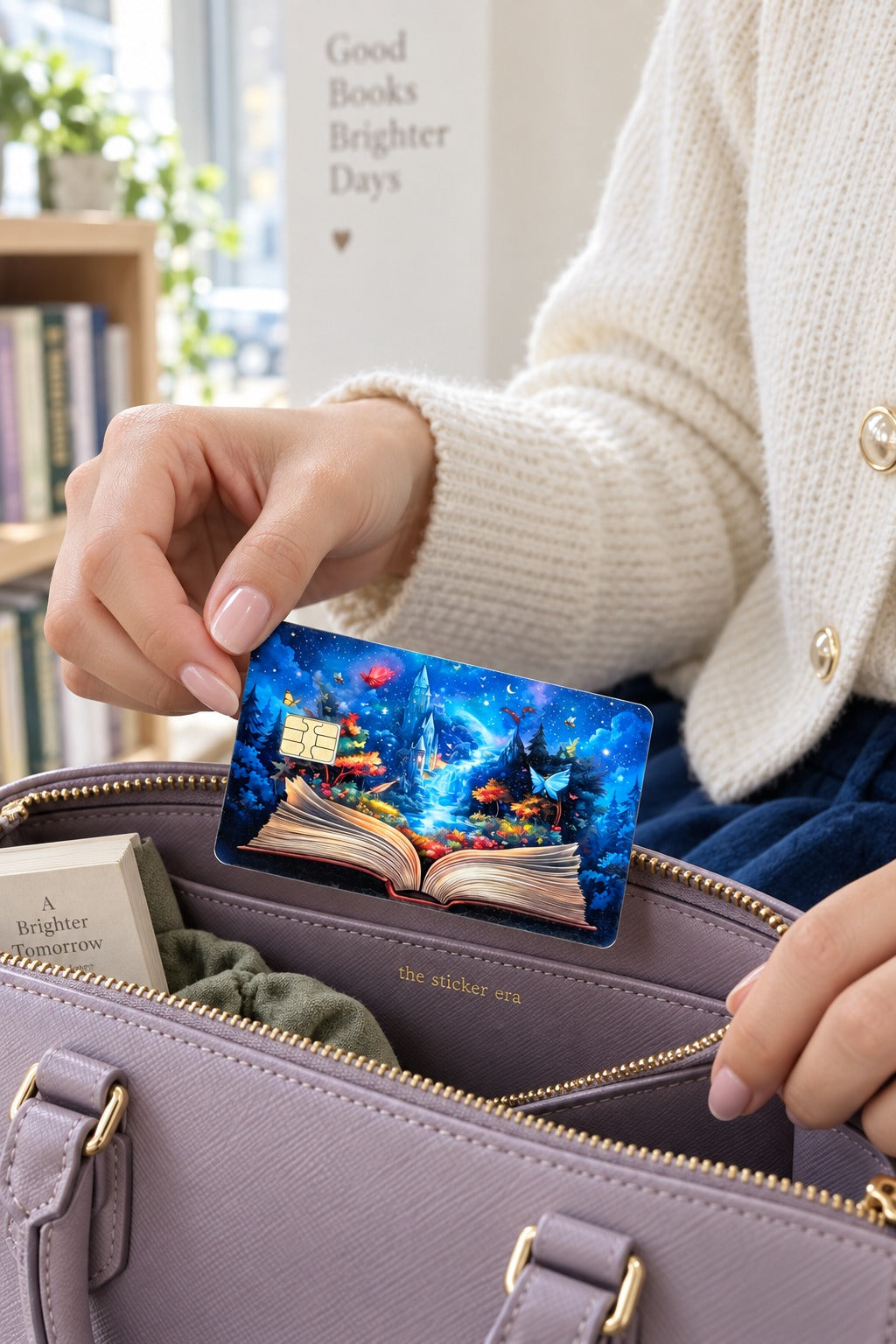 Hand pulling the enchanted storybook card skin from a lilac handbag in a bookshop by The Sticker Era