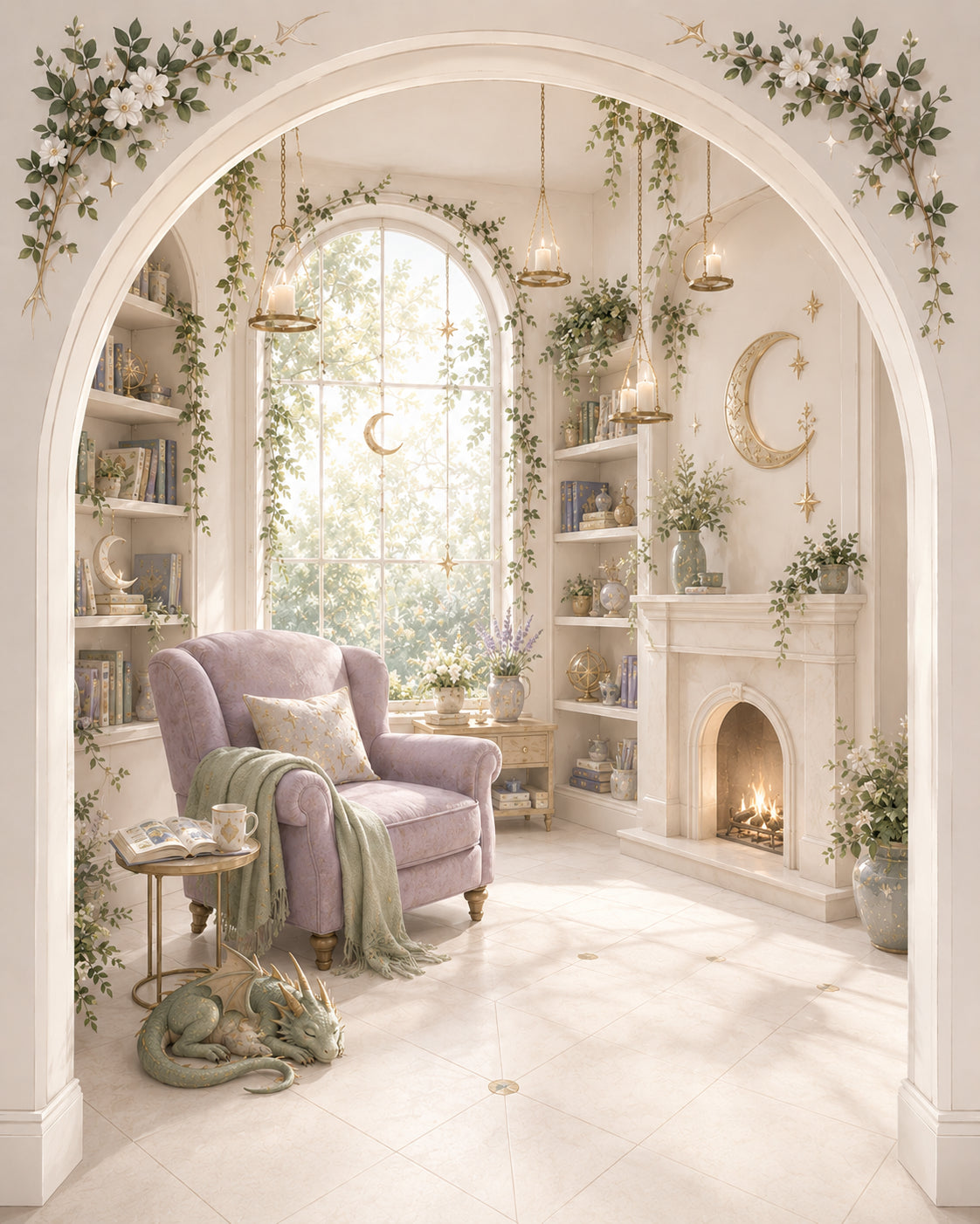 An arched doorway into a cozy armchair-and-fireplace reading nook — The Reading Nook