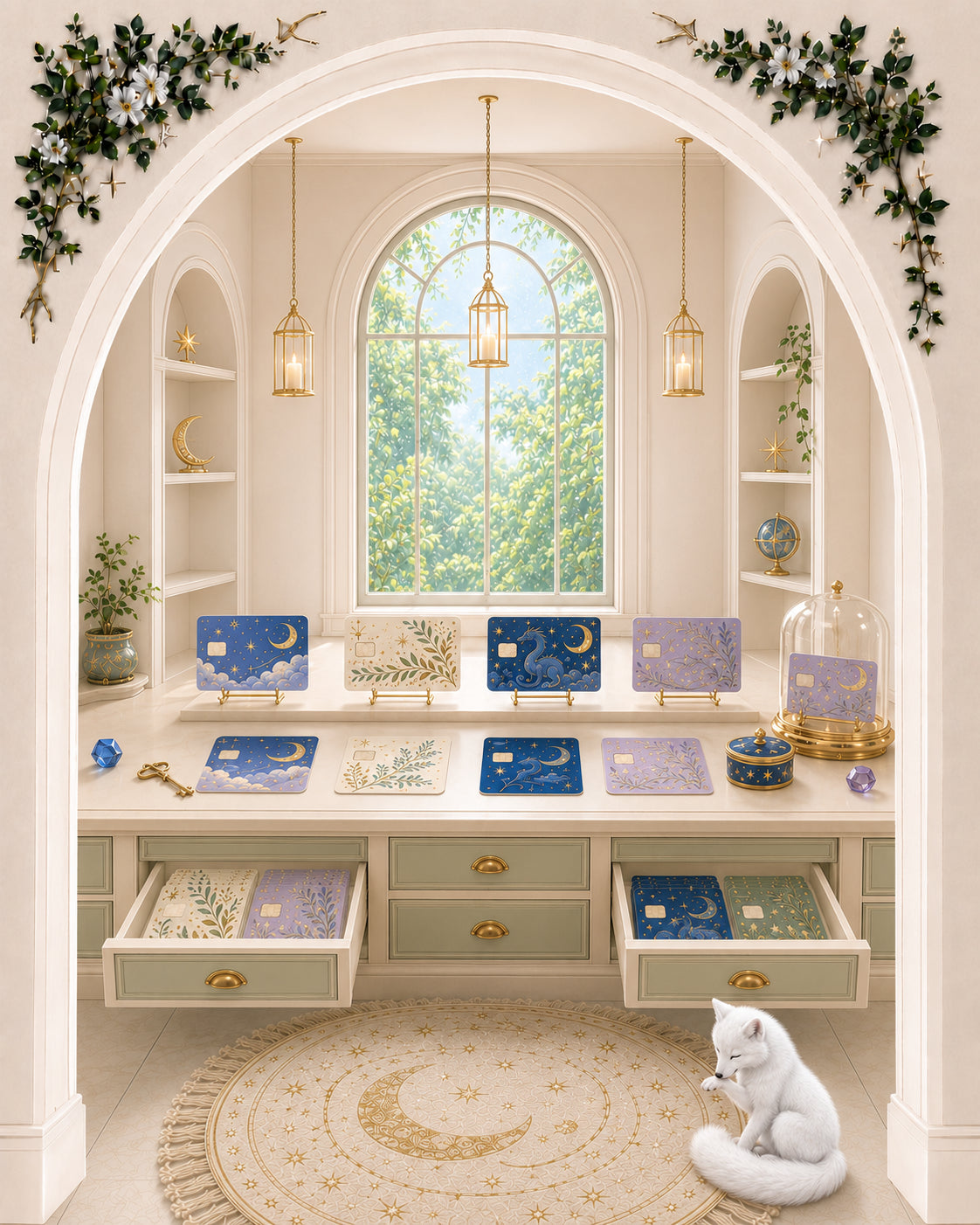 An arched doorway into a bright little counter of card skins — The Card Drawer