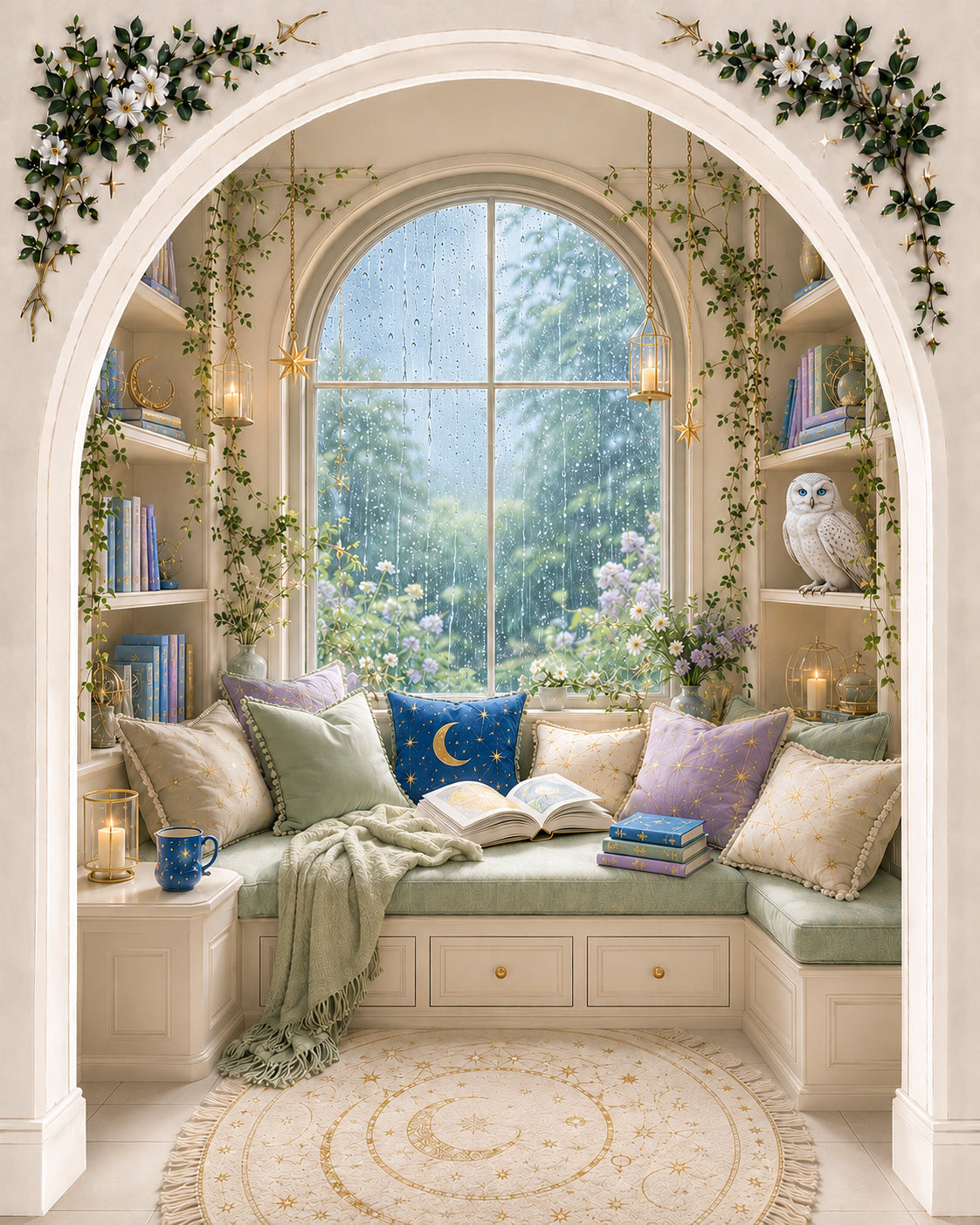An arched doorway into a rainy window seat with cushions — The Window Seat