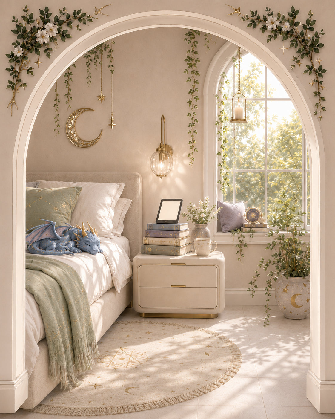 An arched doorway into a cozy bedroom nook with a Kindle — The Insert Library