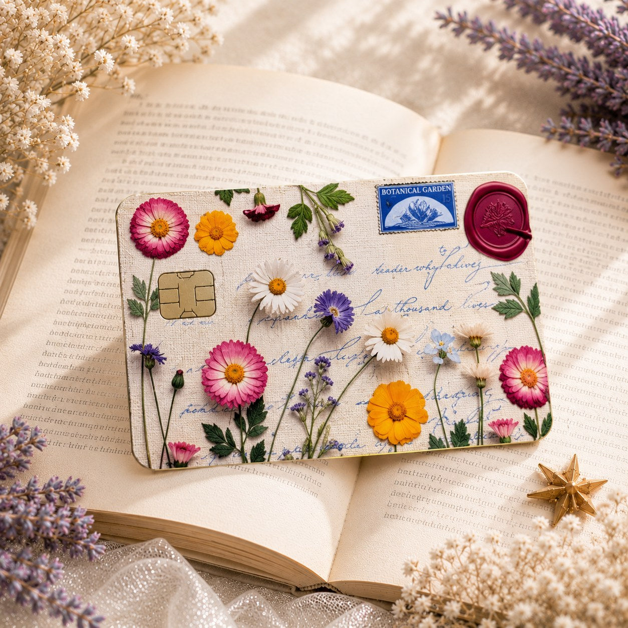 Vintage botanical flower card skin on an open book by The Sticker Era
