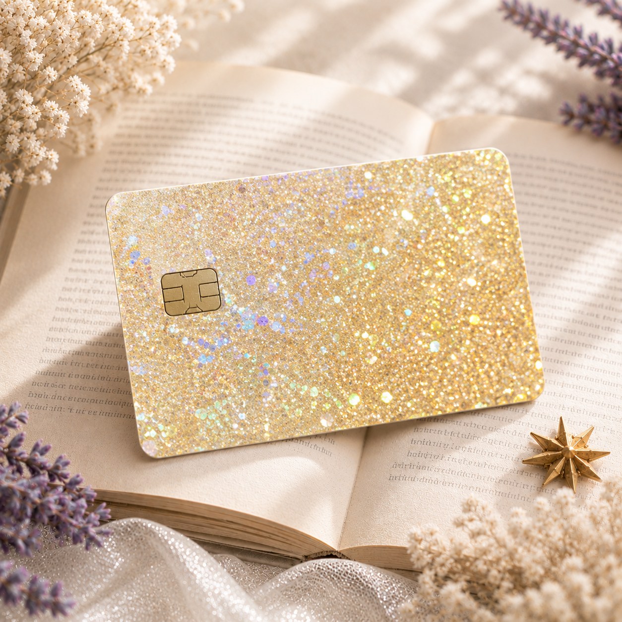 Gold glitter card skin sparkling on an open book by The Sticker Era