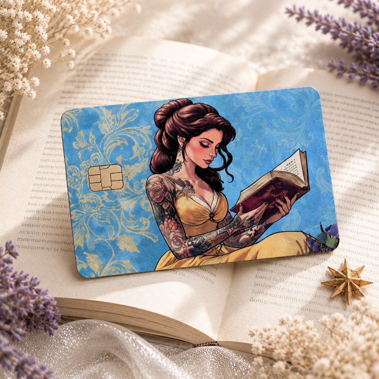 Tattooed princess card skin on an open book with lavender by The Sticker Era